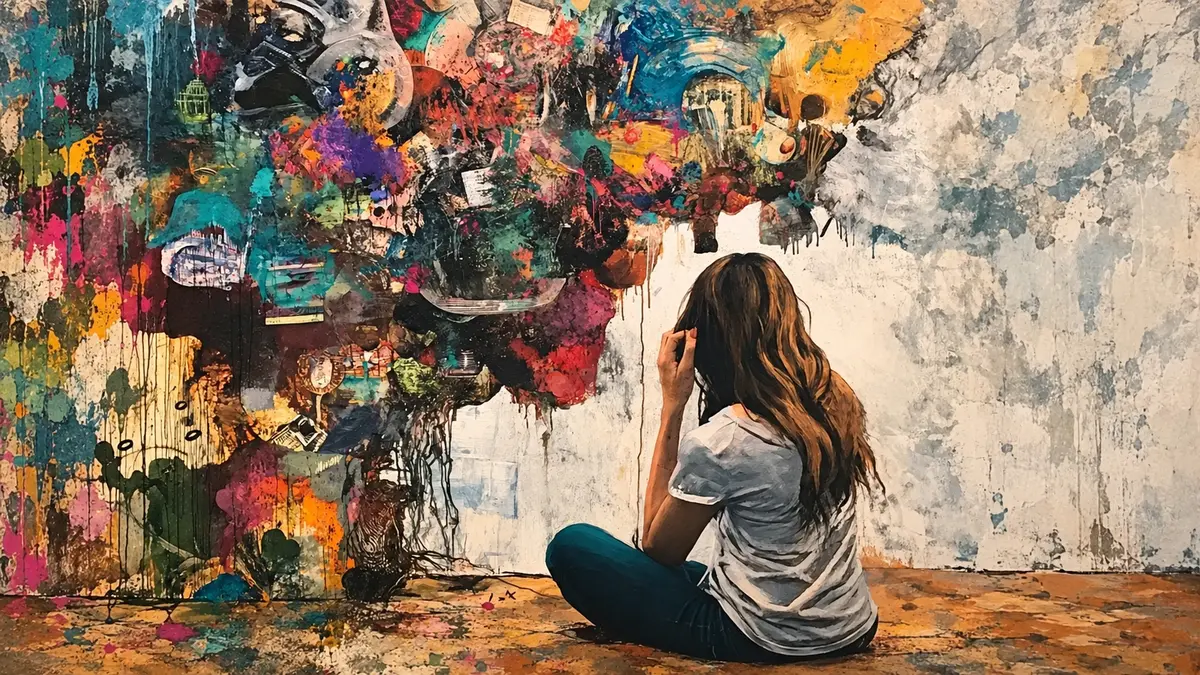 A seated woman faces a colorful abstract collage, illustrating the experience of overlapping thoughts. A seated woman faces a colorful abstract collage, illustrating the experience of overlapping thoughts.