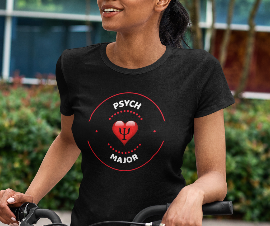 Young woman wearing a psych major t-shirt.