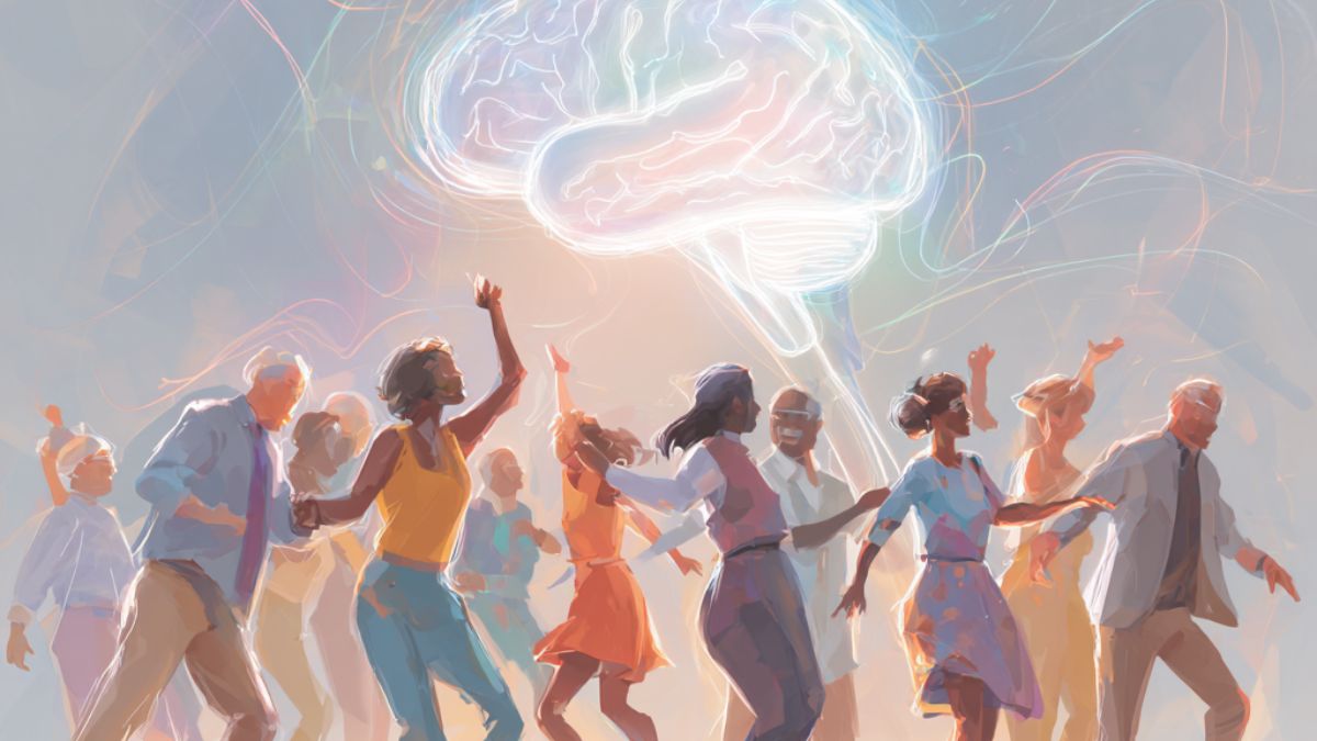 Illustration of people dancing joyfully beneath a glowing brain, symbolizing the connection between dance, emotion, and cognitive function in psychology.