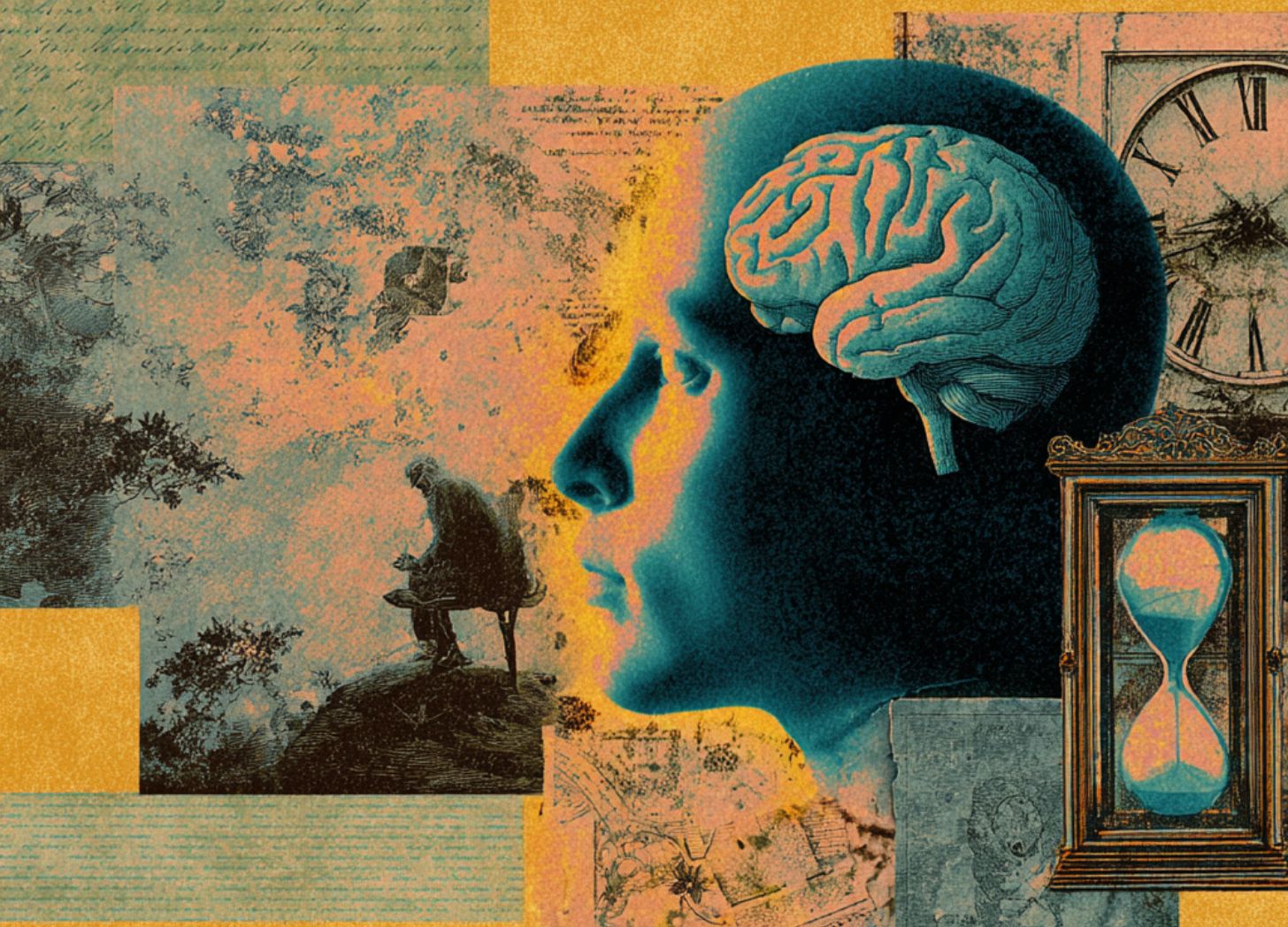 Surreal artwork of a human head with a brain illustration, clock, and hourglass, symbolizing the psychology of nostalgia, memory, and the passage of time.
