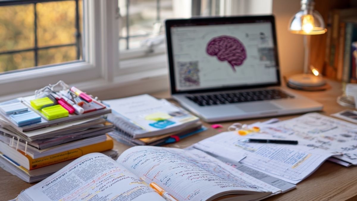 A neatly organised psychology study desk with an open textbook, handwritten notes, colourful highlighters, and a laptop displaying a brain diagram, symbolising effective study habits for psychology students.