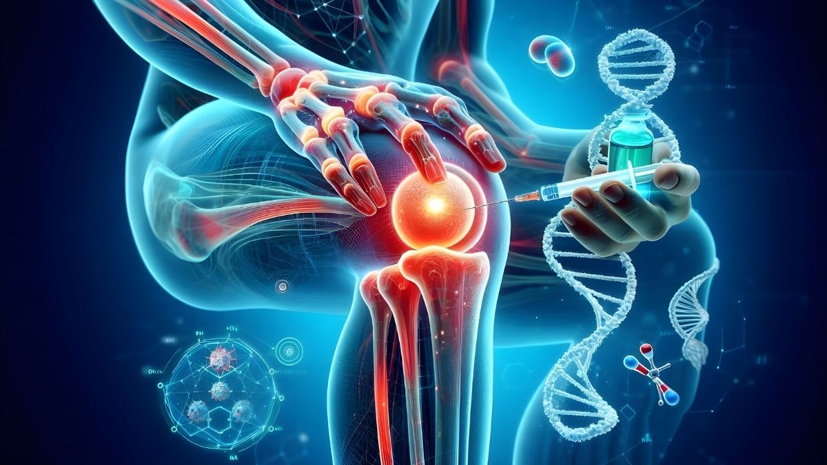 Medical illustration showing stem cell therapy targeting inflammation and tissue support within a damaged knee joint