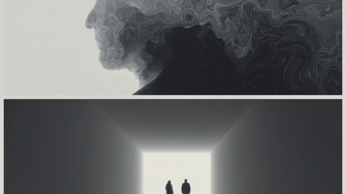Abstract art of a swirling human profile above two people walking toward bright light in a tunnel, symbolizing synchronicity and meaningful coincidences. Abstract art of a swirling human profile above two people walking toward bright light in a tunnel, symbolizing synchronicity and meaningful coincidences.
