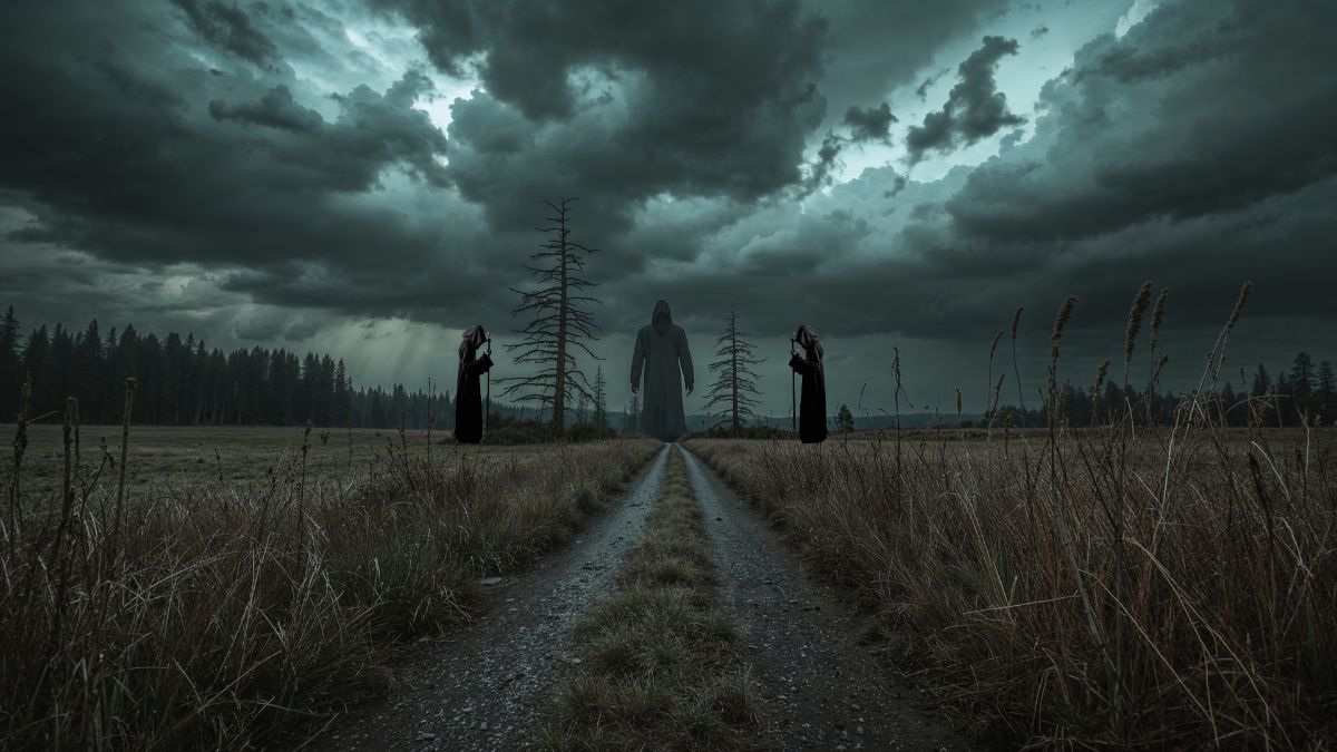 Moody landscape with hooded figures standing along a dark path under stormy skies, symbolizing the themes of trust, deception, and psychological tension in The Traitors. Moody landscape with hooded figures standing along a dark path under stormy skies, symbolizing the themes of trust, deception, and psychological tension in The Traitors.