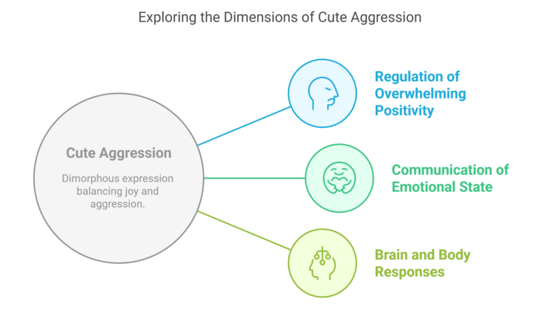 Infographic illustrating the dimensions of cute aggression, including emotional regulation, brain-body response, and the expression of overwhelming positivity.
