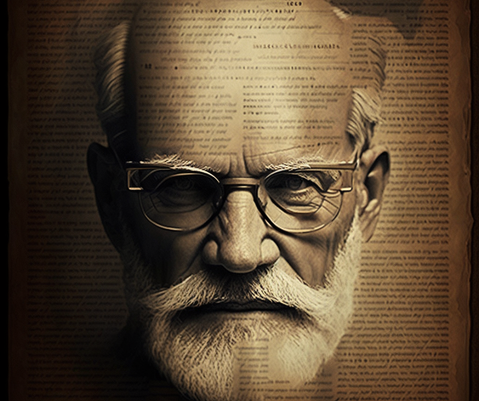 Sigmund Freud surrounded by text. This is the main image for the article titled Unleashing the Power of Your Subconscious: A Freudian Take on the Ten Commandments