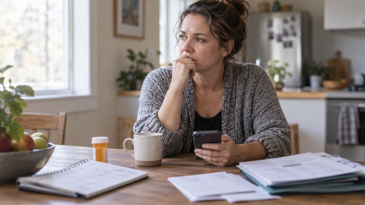 Worried woman holding a phone near medical paperwork, illustrating why patients delay necessary medical treatment. Worried woman holding a phone near medical paperwork, illustrating why patients delay necessary medical treatment.