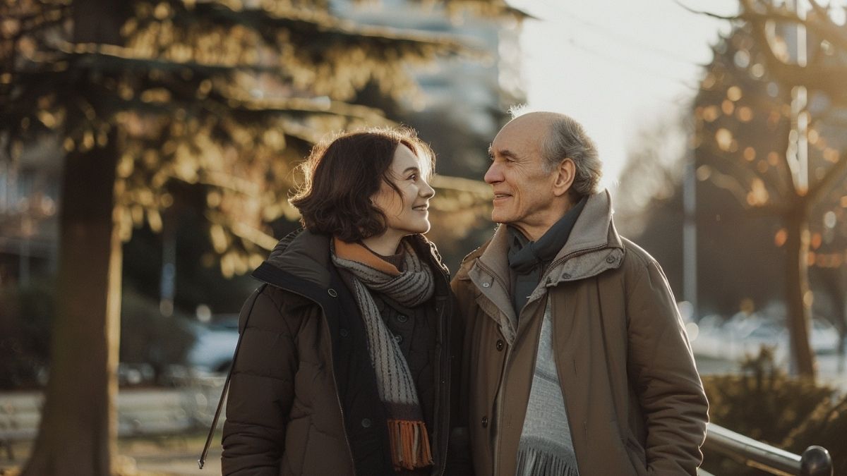 Couple with a noticeable age difference walking together in a park, illustrating an age gap relationship built on connection and mutual respect.