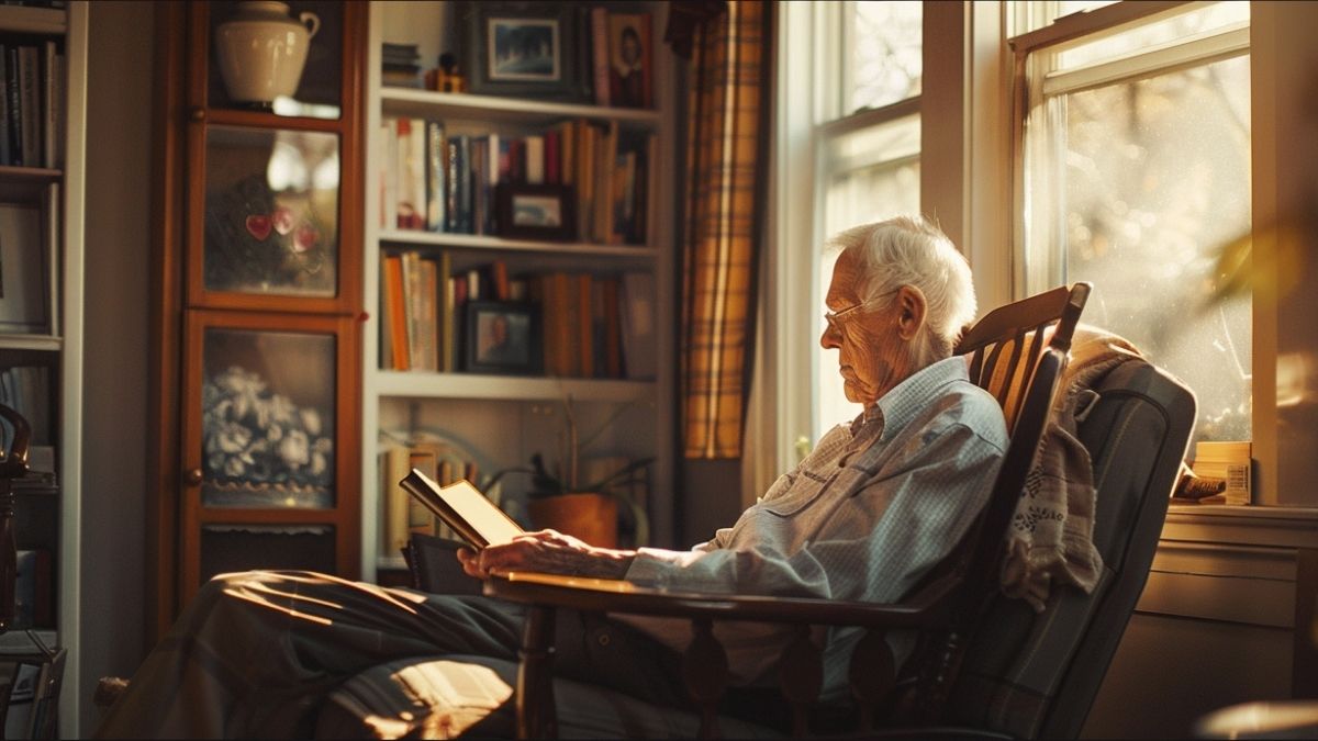Elderly man reading a book at home in a comfortable, familiar living space, illustrating aging in place and cognitive health