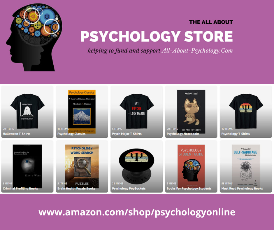 All About Psychology Amazon Store featuring psychology-themed T-shirts, books, notebooks, puzzles, Popsockets, and student resources—designed to support All-About-Psychology.com and psychology enthusiasts worldwide.
