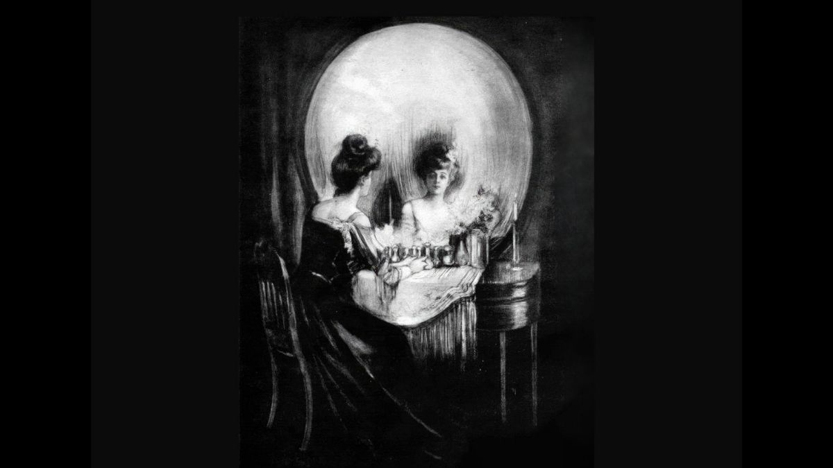 Ambiguous illusion showing a woman at a mirror that can also be seen as a human skull