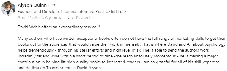 All About Psychology Book Marketing Service. Alyson Quinn Testimonial.