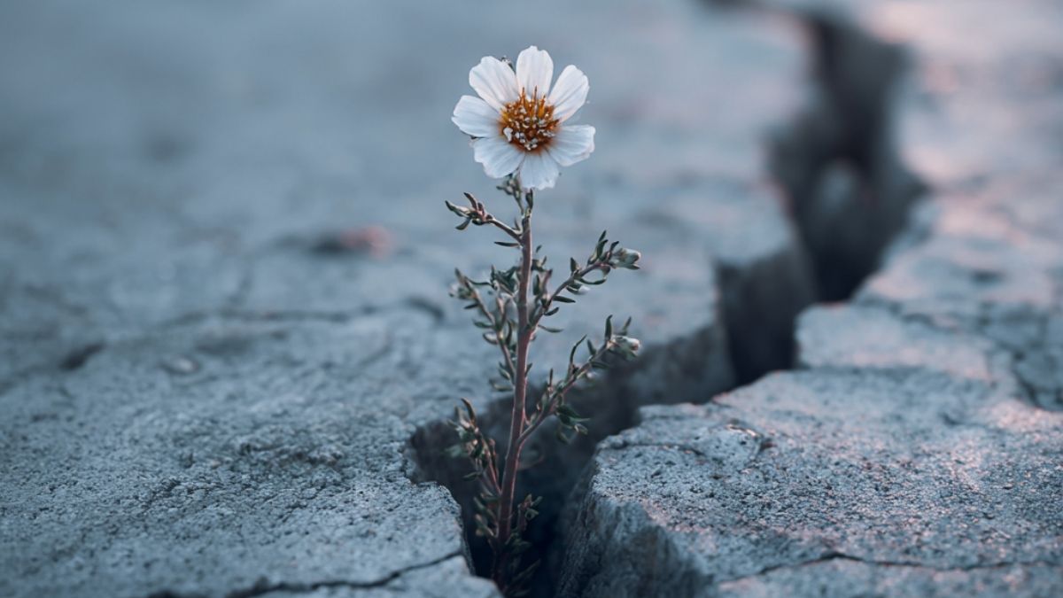 A single white flower growing through cracked ground, symbolising antifragility and strength through stress A single white flower growing through cracked ground, symbolising antifragility and strength through stress