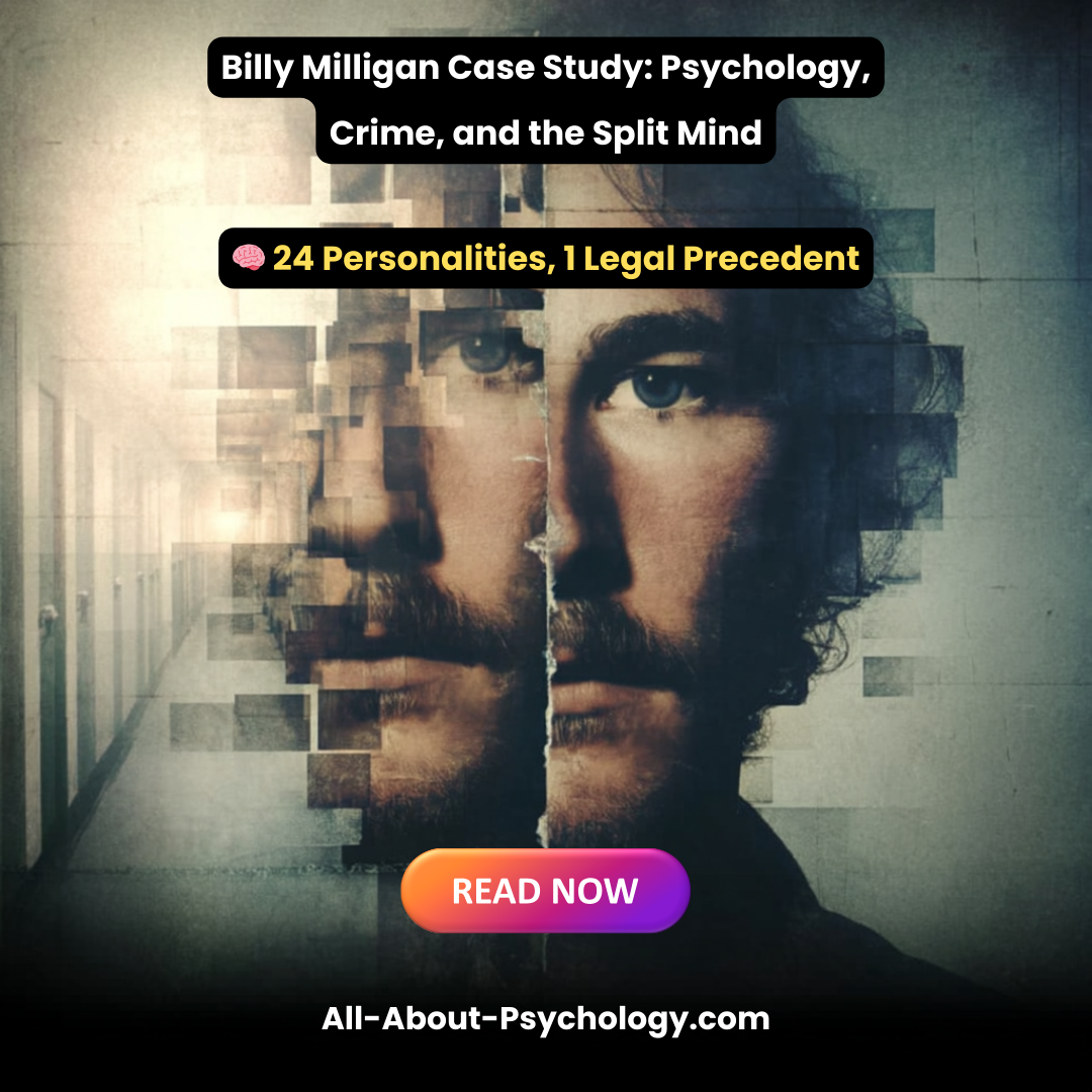 split portrait of Billy Milligan symbolizing his 24 personalities and dissociative identity disorder, set against a bleak institutional corridor background