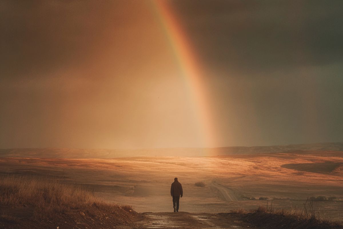 A solitary figure walks toward a rainbow across a vast, golden landscape under a moody sky, symbolizing the emotional journey behind the idiom "chasing rainbows.