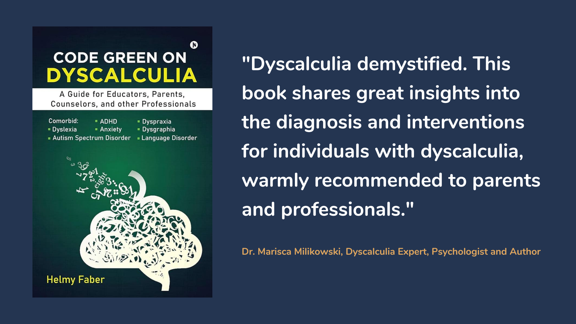 Code Green on Dyscalculia. Book cover and book review quote.