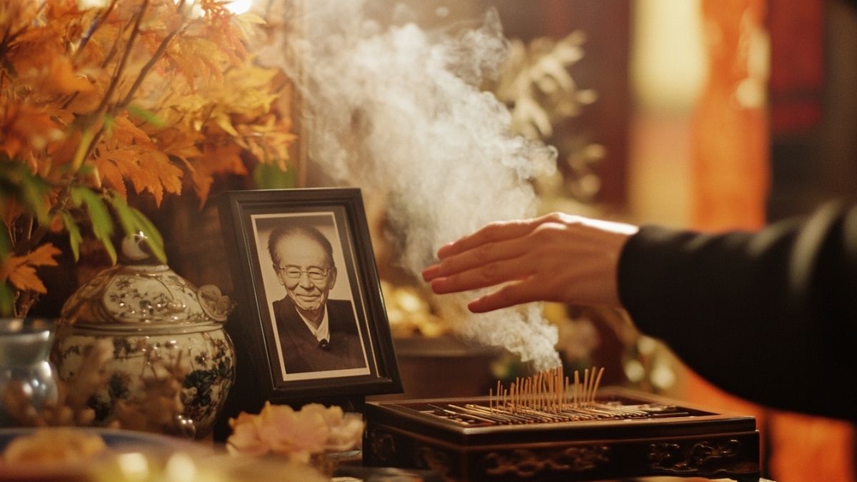 A hand waving incense smoke over a memorial altar with a framed photograph of an elderly man, ceramic urn, and autumn leaves, illustrating cultural practices of maintaining bonds with the deceased