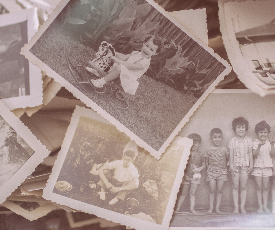 Image for an article on core memories showing black and white photographs from childhood.
