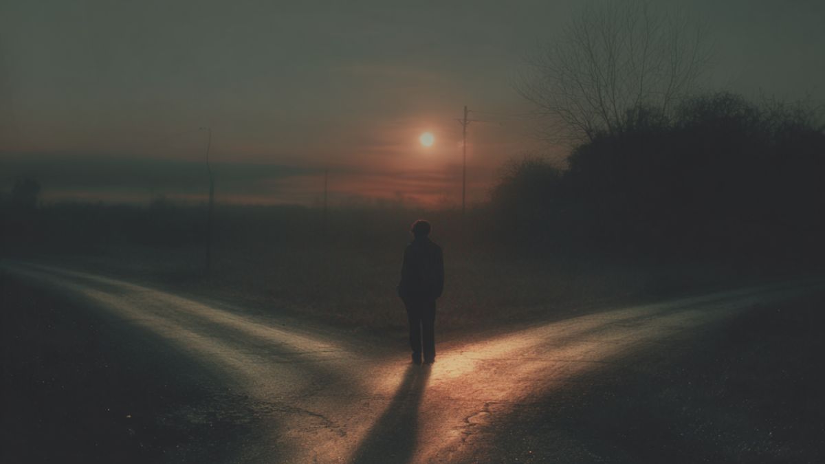 A lone person standing at a crossroads at sunset, symbolising counterfactual thinking and the emotional pull of wondering how life might have unfolded differently. A lone person standing at a crossroads at sunset, symbolising counterfactual thinking and the emotional pull of wondering how life might have unfolded differently.