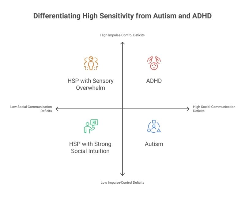 Visual diagram comparing Highly Sensitive People (HSPs), autism, and ADHD based on social-communication and impulse-control traits, highlighting their differences.