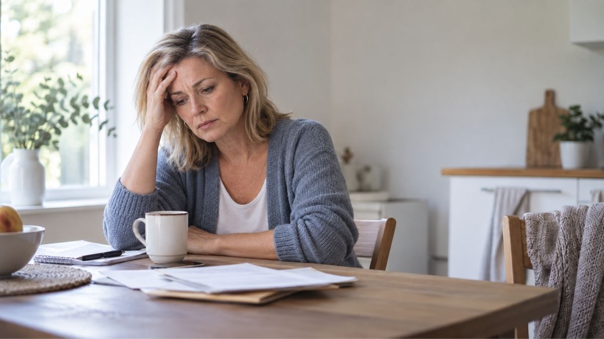 Stressed woman sitting at a kitchen table with paperwork, illustrating how divorce stress can affect physical health. Stressed woman sitting at a kitchen table with paperwork, illustrating how divorce stress can affect physical health.