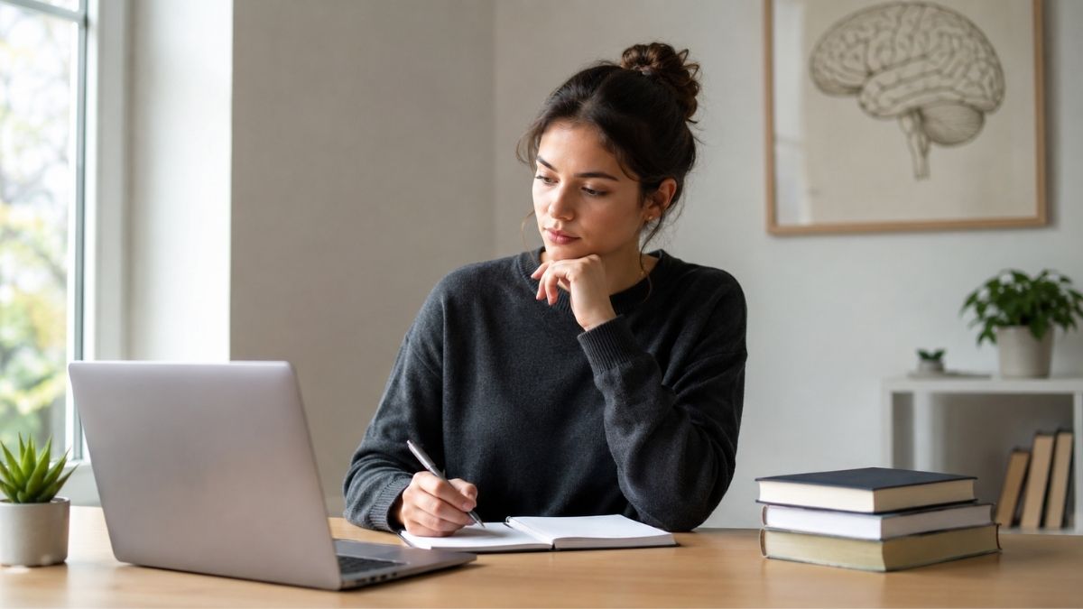 Student planning her psychology education with a laptop, notebook, and textbooks, illustrating the path to a career as a psychologist.
