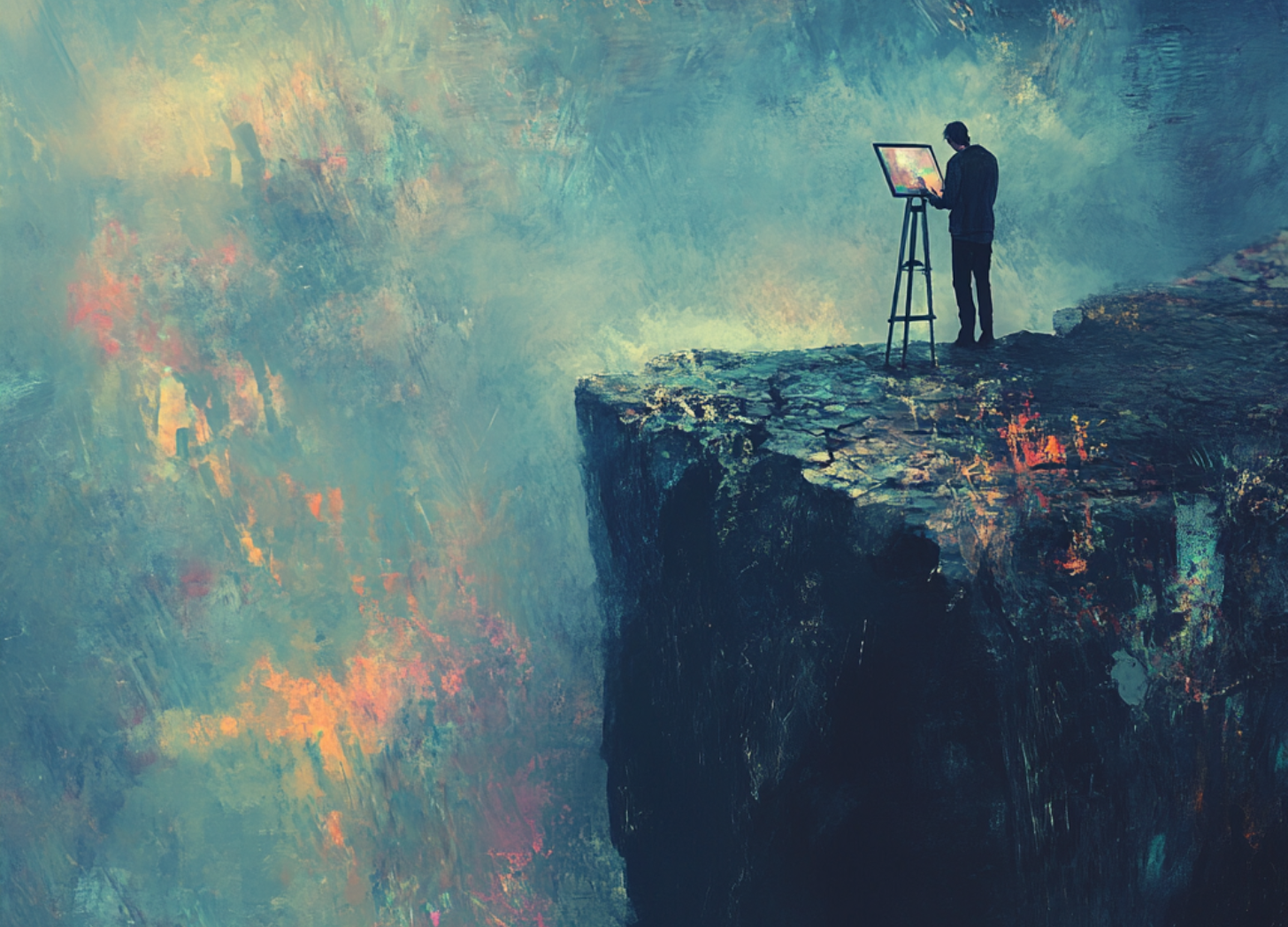 A surreal digital painting of an artist standing on the edge of a foggy cliff, painting into the unknown. The scene symbolizes embracing uncertainty, creative resilience, and how artists thrive in unpredictable environments.