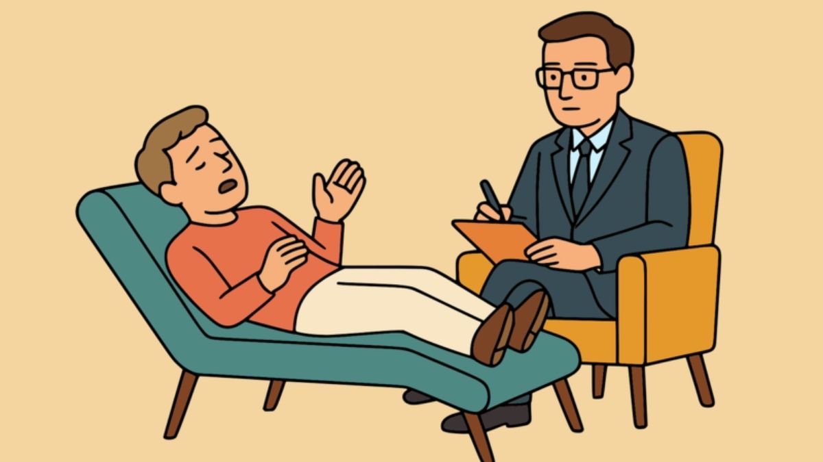 Illustration of a therapist taking notes while a client talks during a therapy session, symbolizing EMDR training and clinical practice.