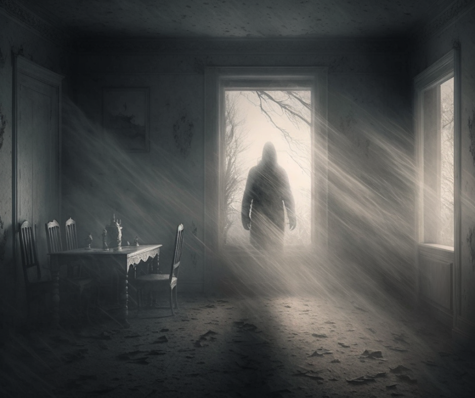 shadowy figure in a dark and misty room. This is the main image for the article: 'What Science Can Tell Us About the Experience of Unexplainable Presence' by Ben Alderson-Day, Associate Professor of Psychology at Durham University