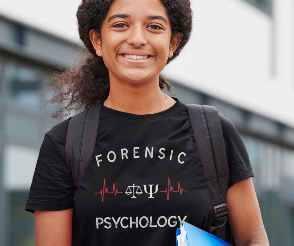 Student wearing Forensic Psychology T-Shirt.