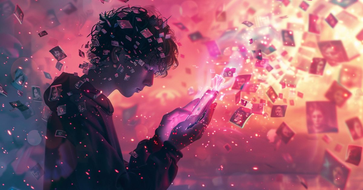 Surreal illustration of a Gen Z teen scrolling on a smartphone as hundreds of profile thumbnails swirl around, depicting self‑objectification behind the Gen Z stare.