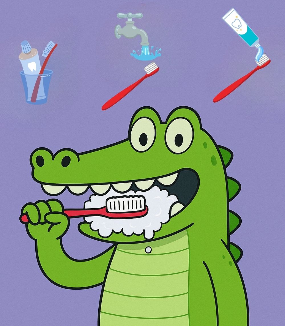 Cartoon crocodile brushing teeth with three-step habit sequence above: toothbrush in cup, toothbrush under water tap, and applying toothpaste.