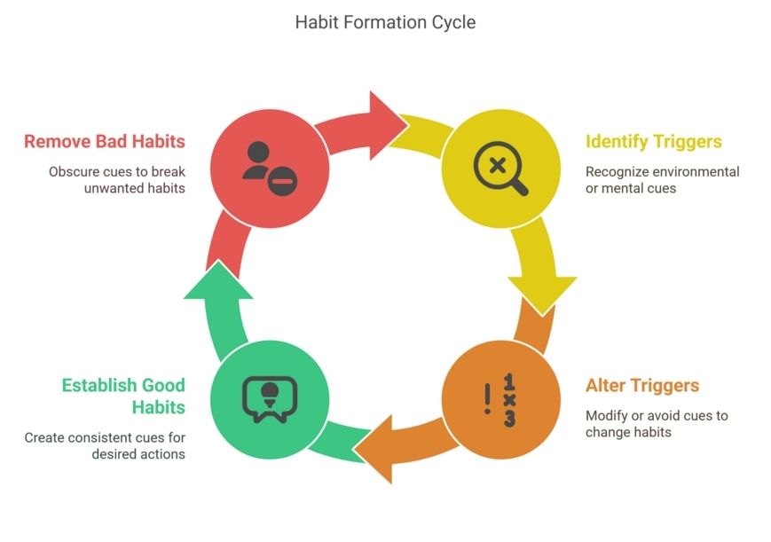 Infographic showing the habit formation cycle: identify triggers, alter triggers, establish good habits, and remove bad habits in a continuous loop.