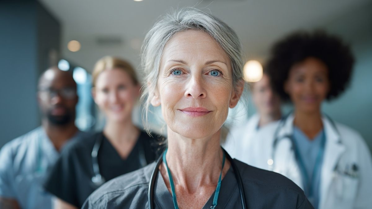 Senior healthcare leader standing confidently in front of a diverse medical team in a clinical setting Senior healthcare leader standing confidently in front of a diverse medical team in a clinical setting