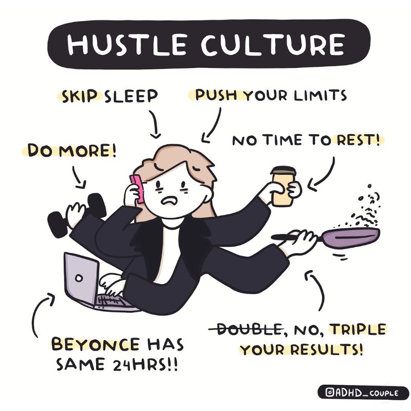 A cartoon illustration of hustle culture showing an overwhelmed person multitasking, highlighting the pressures that contribute to work burnout.