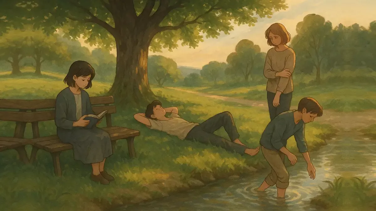 Four people spending quiet time alone in a park, representing different expressions of introvert personality