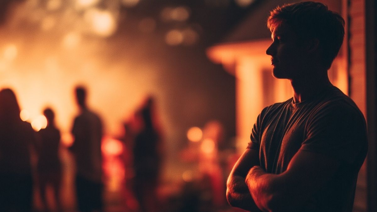 A man stands apart from a blurred July 4th gathering as fireworks glow in the background, symbolizing recovery, triggers, boundaries, and emotional resilience.