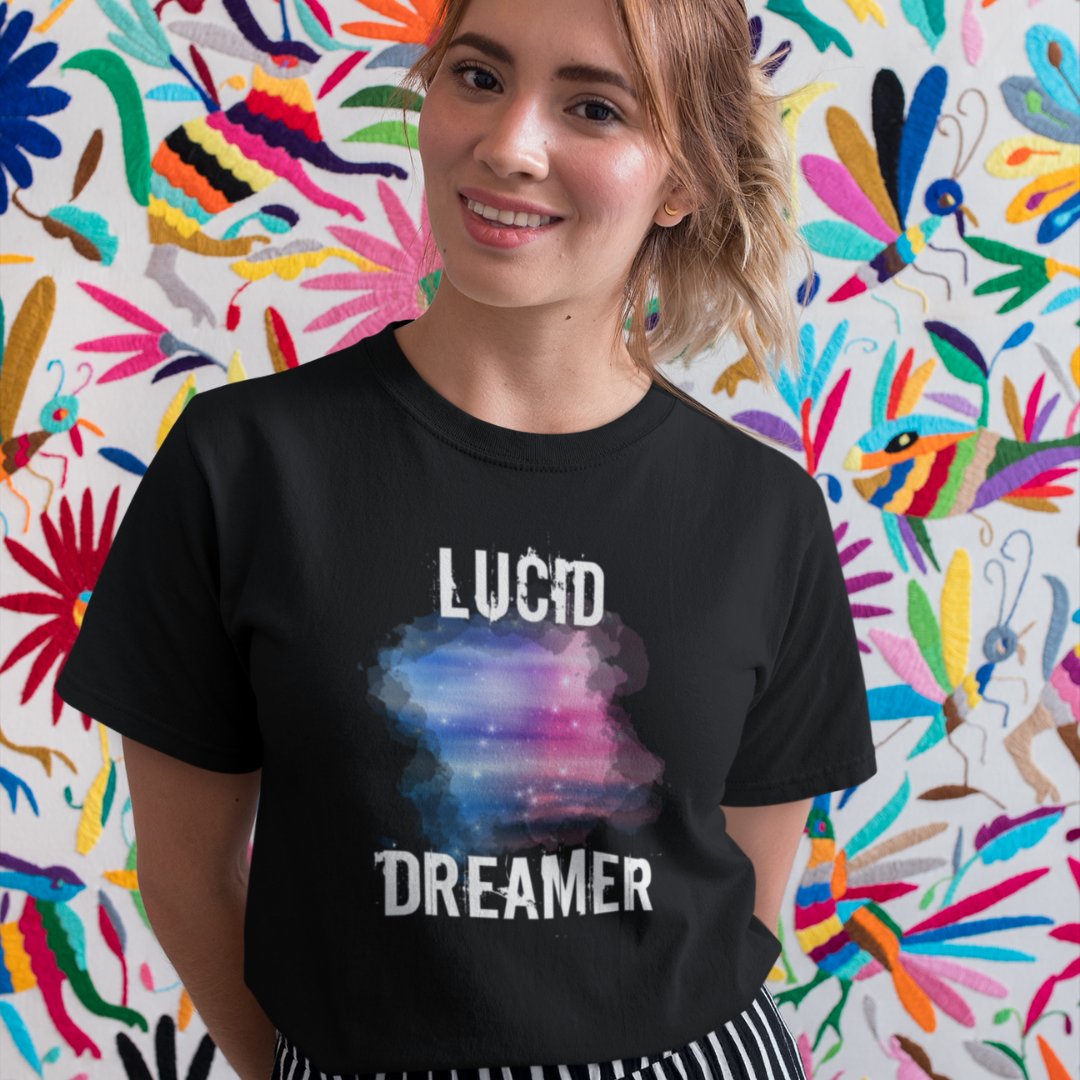 Young woman wearing lucid dreamer t-shirt.