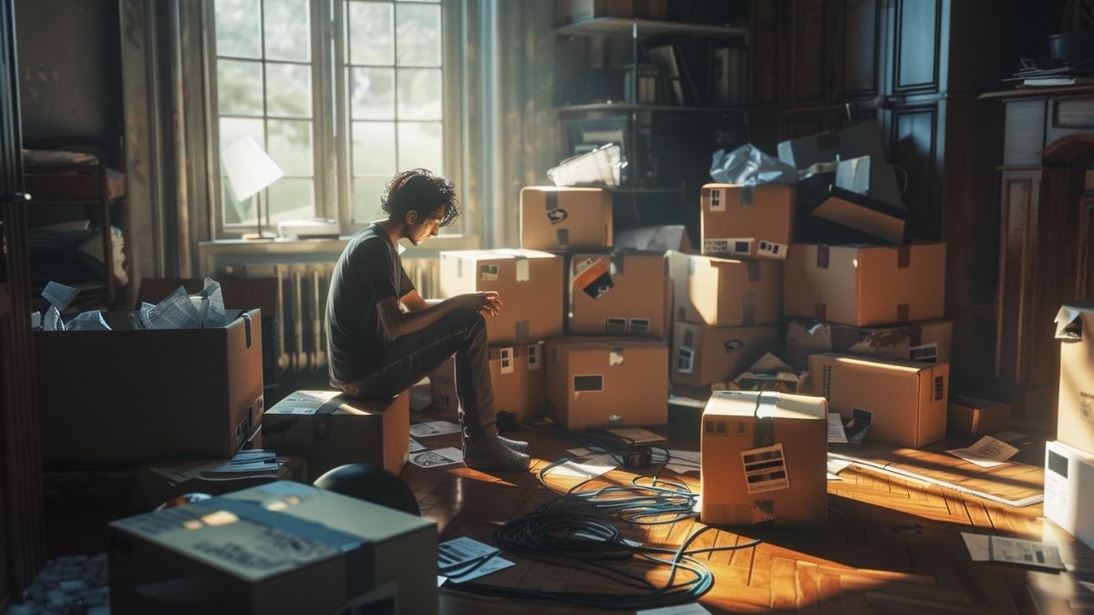 Person sitting among moving boxes in a cluttered room, reflecting on organization, decision fatigue, and the psychology of home systems during a move