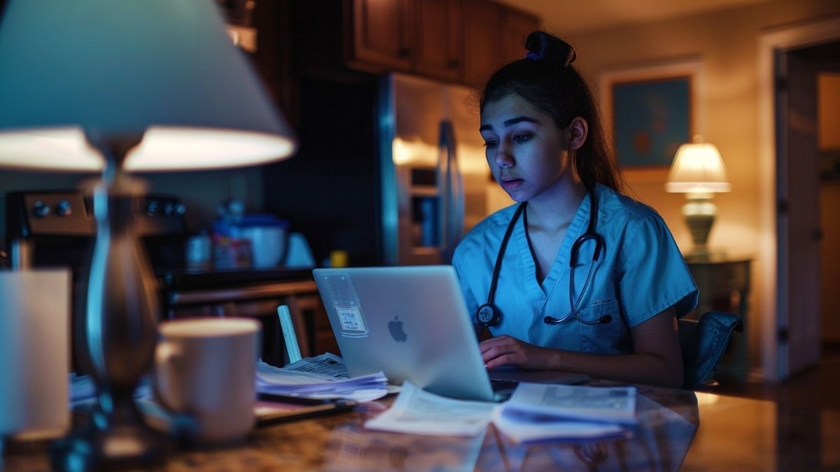 Nurse reviewing student loan bills and finances on a laptop late at night, illustrating the psychological stress of nursing student debt.