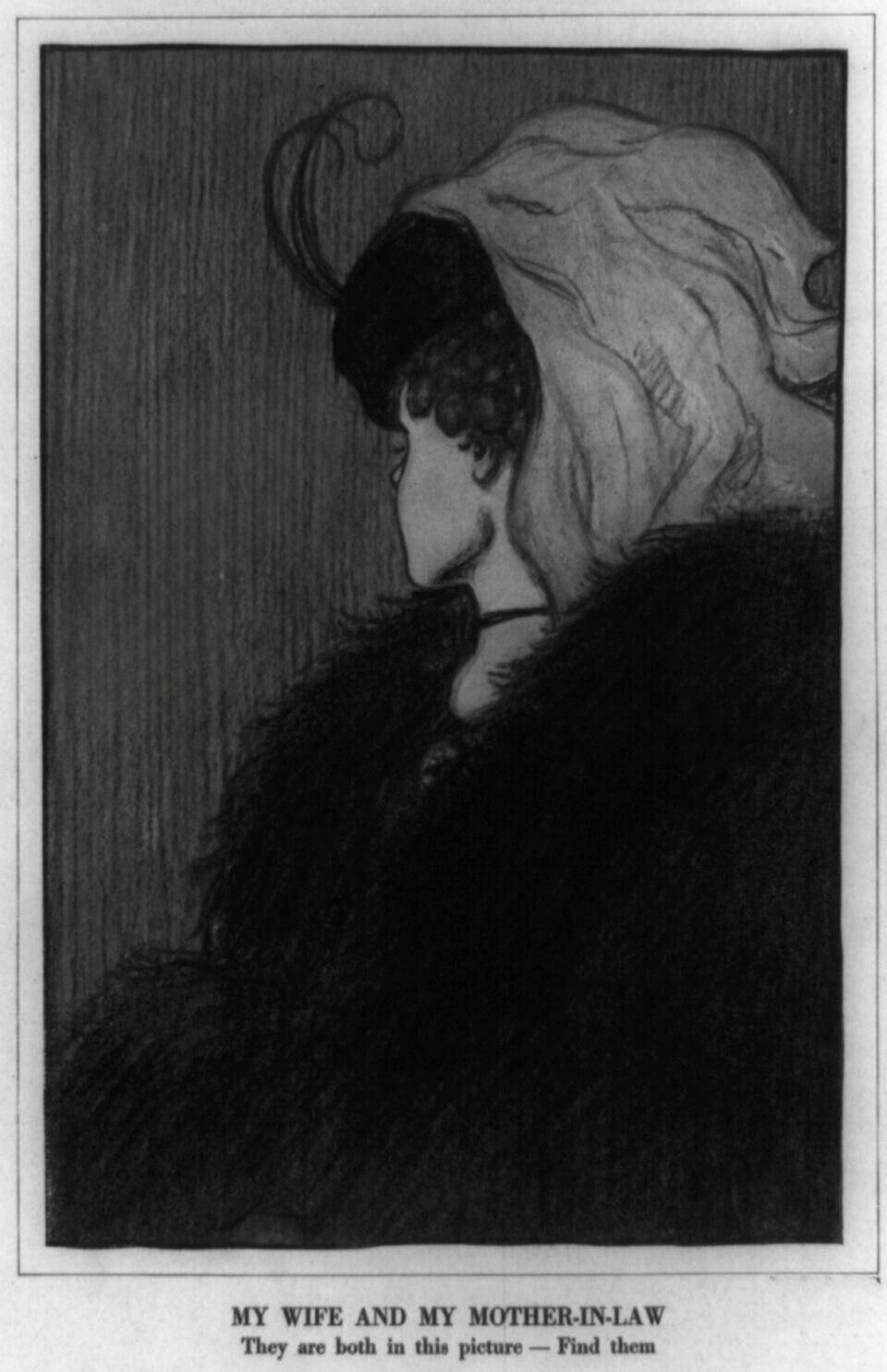 Classic ambiguous image that can be seen as either an old woman or a young woman