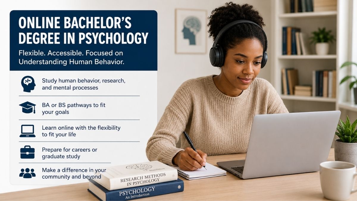 Student studying for an online bachelor’s degree in psychology with a laptop, notes and psychology books.