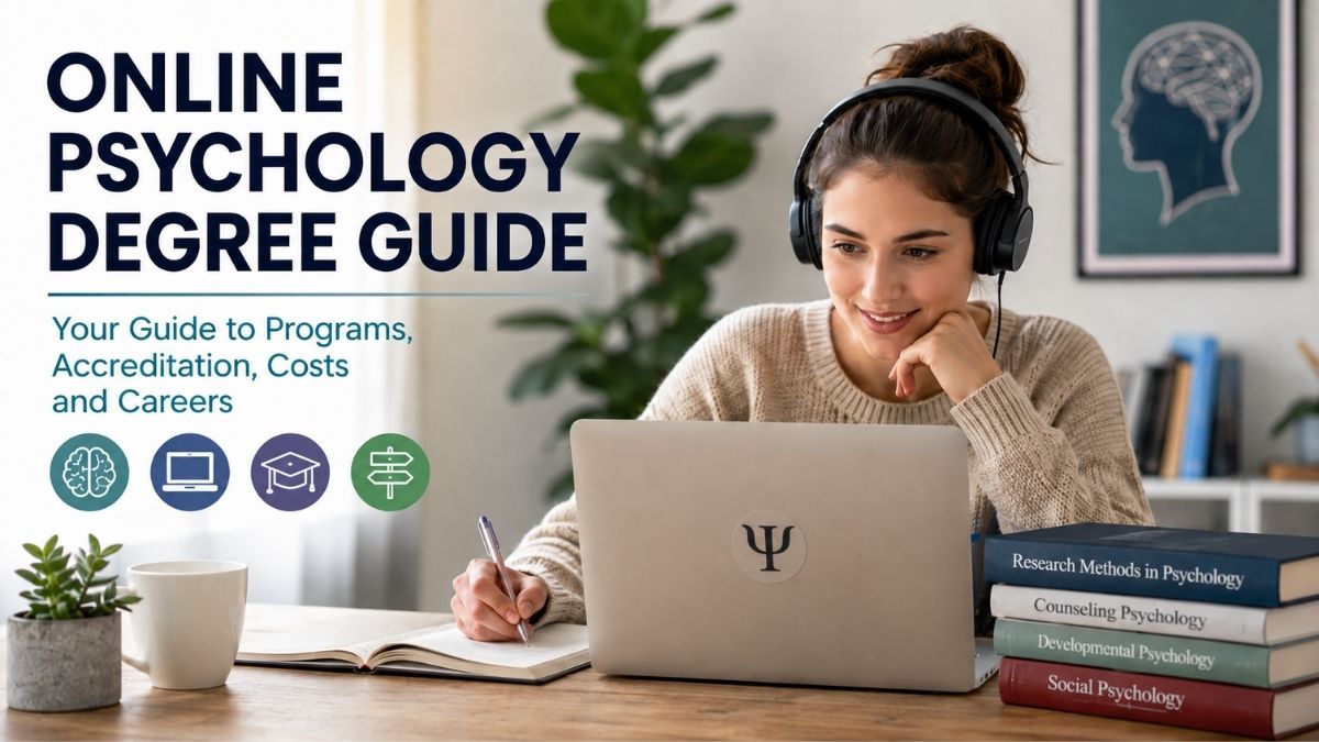 Student studying online psychology degree options with laptop, psychology textbooks and icons for programs, accreditation, costs and careers.