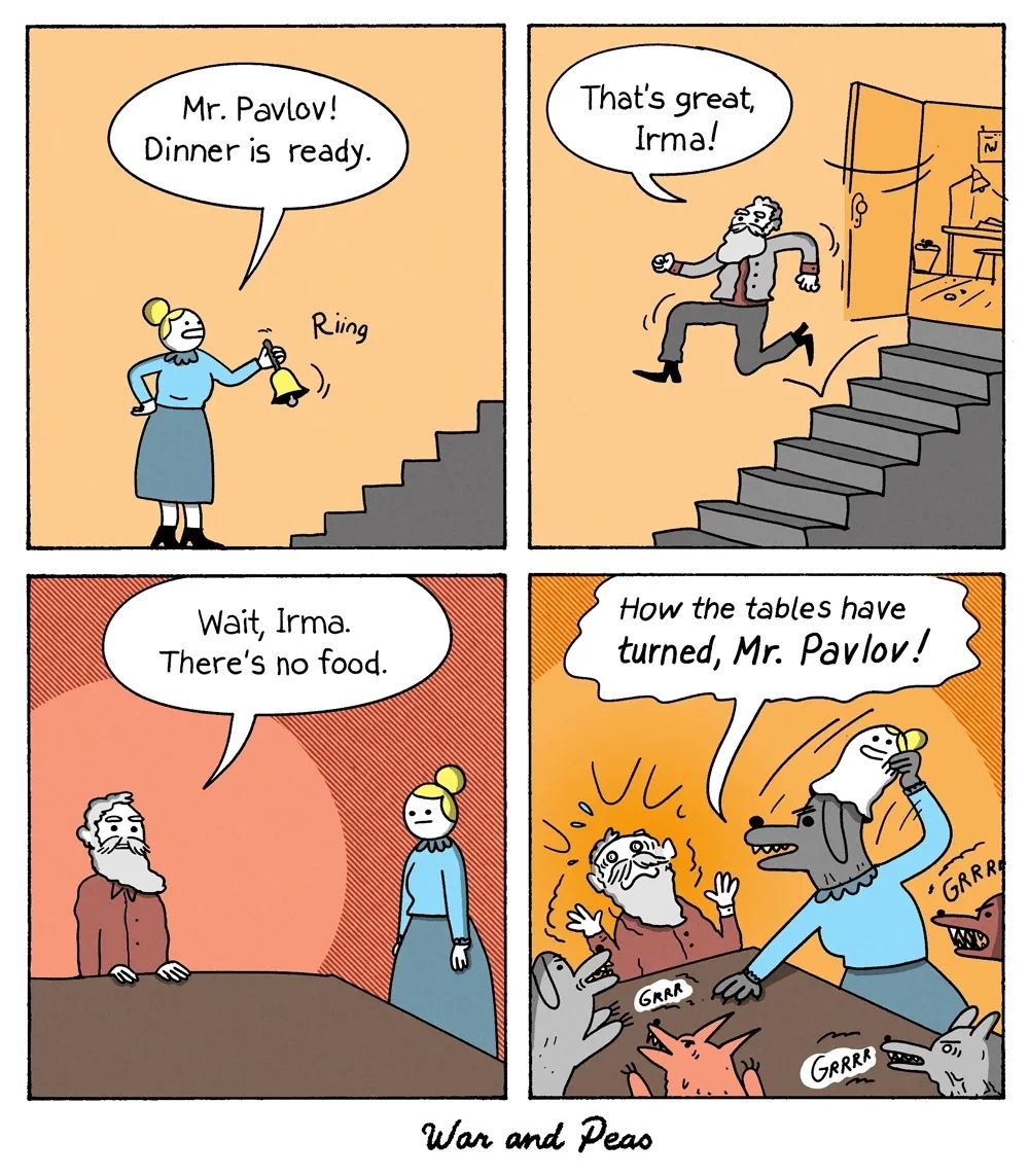 Cartoon parody of Pavlov’s classical conditioning experiment showing Pavlov reacting to a dinner bell with no food, featuring dogs turning the tables on him.