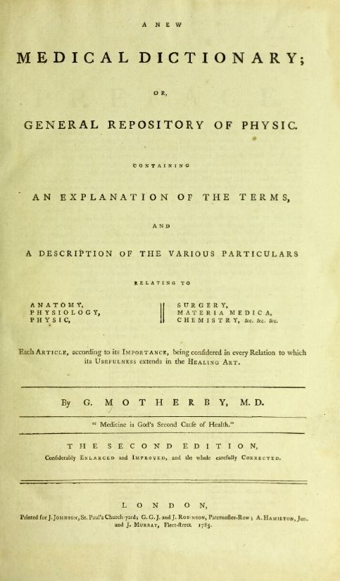 Title page of Motherby’s New Medical Dictionary which includes an early medical definition of placebo.