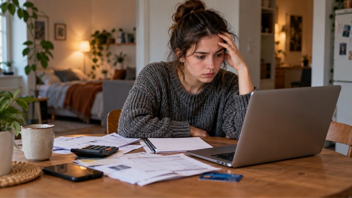 Young woman looking worried while reviewing bills and financial documents on her laptop, illustrating the psychological effects of debt in early adulthood. Young woman looking worried while reviewing bills and financial documents on her laptop, illustrating the psychological effects of debt in early adulthood.