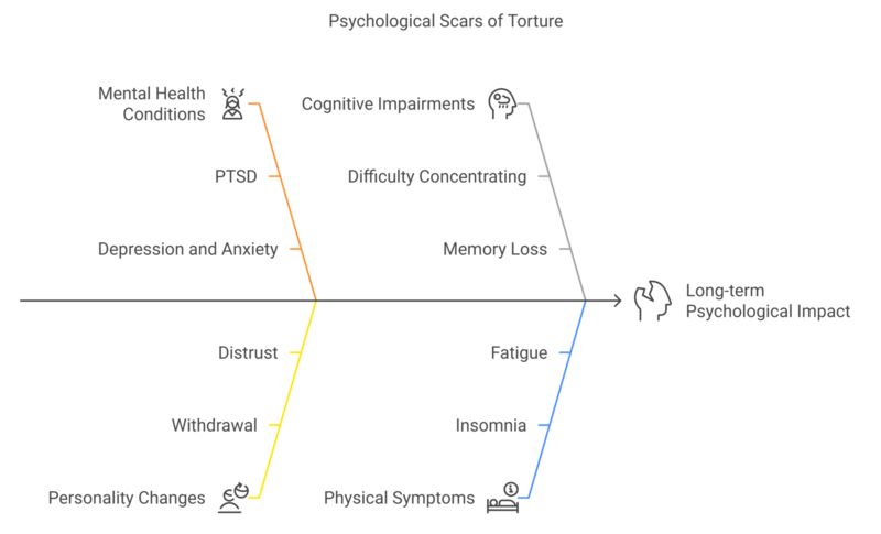 Diagram showing the psychological stages and long-term impacts of torture, including PTSD, anxiety, memory loss, cognitive impairments, and physical symptoms.