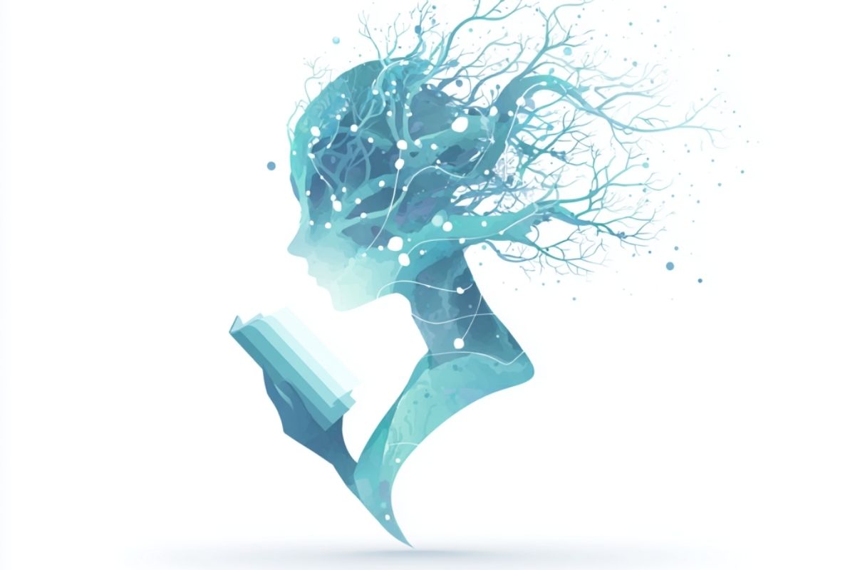 Abstract teal silhouette reading a book, representing psychology articles