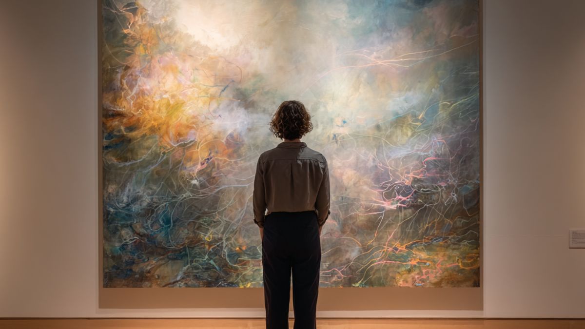 Person standing in an art gallery looking at a large abstract painting, representing the psychology of art and how viewers interpret beauty and meaning. Person standing in an art gallery looking at a large abstract painting, representing the psychology of art and how viewers interpret beauty and meaning.