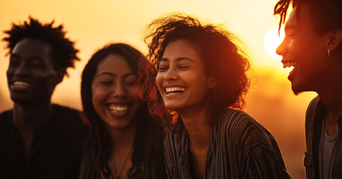 Group of close friends laughing together at sunset, symbolizing emotional connection and the psychology of friendship.